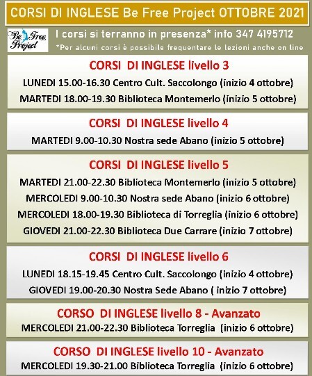 ORARI INGLESE ottobre 2021 Orari corsi di inglese be Free project